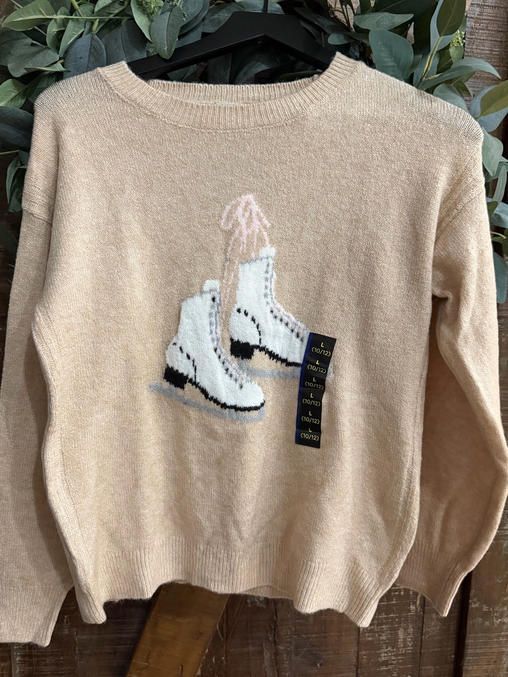 Beige Women’s Sweater with ice skates Graphic